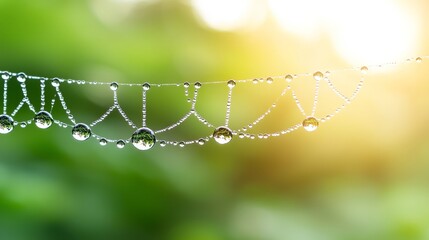 A spider web covered in water droplets on a green background