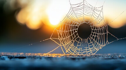 A spider web with water droplets on it at sunset