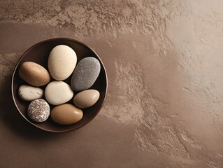Aufkleber - Assorted Natural Stones in a Round Bowl on a Textured Brown Background
