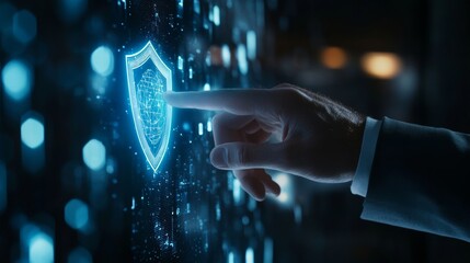 Poster - Hand Interacting With a Futuristic Digital Security Shield Interface in a Low-Lit, High-Tech Environment
