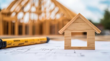 Wall Mural - House under construction with blueprint sketch visible, architectural beams and trusses in background, future vision