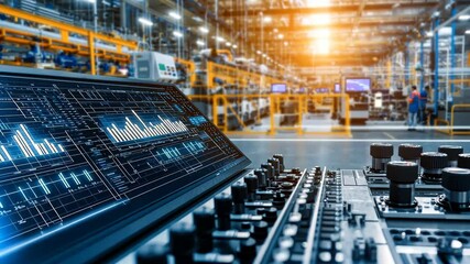 Poster - Industrial Control Room Visualization with Data Charts and Machinery Operations