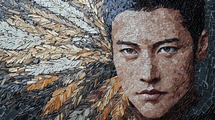 Mosaic art depicting a close-up of a man's face with a dynamic background of feathers