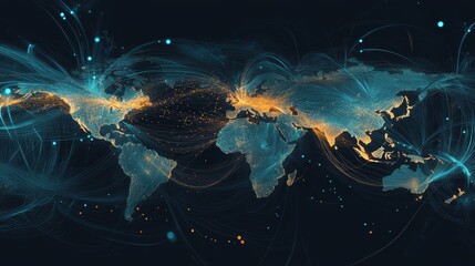 Poster - Global Connectivity Illustrated Through Network Lines and Digital Data Across Continents During a Nighttime Setting