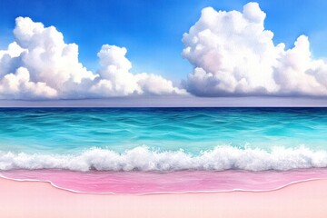 Wall Mural - Vibrant beach scene with waves, clear sky, and fluffy clouds over tranquil water.