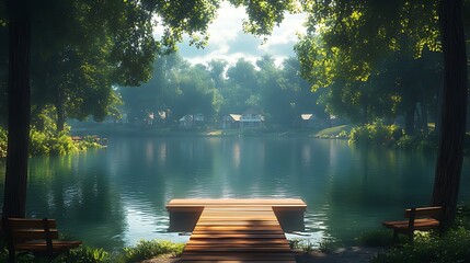 Wall Mural - Serene lake view with wooden dock, surrounded by lush trees and calm water, houses in the distance.