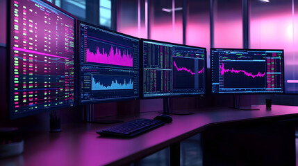 Poster - A modern financial trading room with multiple monitors displaying real-time data, stock charts, and analysis tools, set in a dark environment with pink ambient lighting. AI generated.