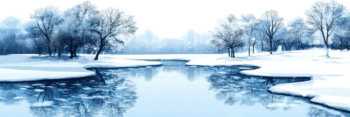 Wall Mural - a serene winter scene featuring a frozen lake surrounded by snow-covered trees on a cloudy day.