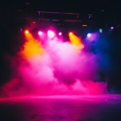 Poster - Colorful Stage Lighting With Smoke Creates a Vibrant Atmosphere for a Performance at a Theater Venue During the Evening