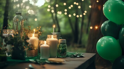 Wall Mural - Forest-themed birthday party with green balloons, candles in mason jars and a natural forest bokeh effect