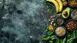 © Mahmud - 'Healthy food nutrition concept featuring an assortment of high magnesium sources such as bananas, chocolate, spinach, chard, avocado, buckwheat, sesame, chia, flax seeds, yogurt, nuts, beans, and oat