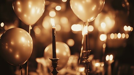 Vintage-style birthday celebration with sepia-toned balloons, antique candlesticks and an old-fashioned bokeh effect