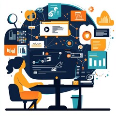 Aufkleber - Creative Professional Analyzes Data and Trends Using Advanced Technology in a Modern Workspace Setting During Daytime