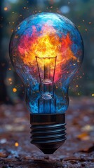 Poster - Vivid Depiction of a Light Bulb Filled With Colorful Flames and Smoke, Creating a Unique Contrast Against a Blurred Natural Background