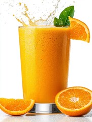 Wall Mural - a photostock of bright orange juice splashing dynamically mid-motion, isolated on a clean white back