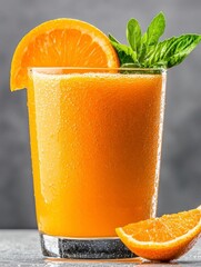 Wall Mural - a photostock of bright orange juice splashing dynamically mid-motion, isolated on a clean white back