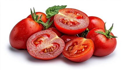 Wall Mural - a photostock of bright red tomatoes sliced open with seeds and vibrant texture visible, isolated on 