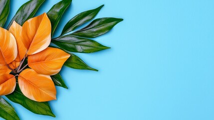 Wall Mural - An orange flower with green leaves on a blue background