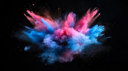 Poster - Colorful Explosion of Blue and Pink Powder Creates a Dynamic Visual Effect Against a Black Background During a Celebration or Artistic Event