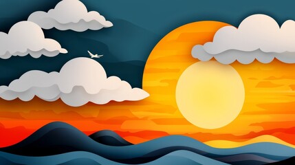 Wall Mural - A sunset with clouds and a bird flying over the ocean