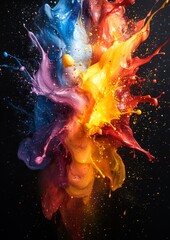 Poster - Colorful Splashes of Paint Create an Explosive Visual Display Against a Dark Backdrop, Showcasing Dynamic Movement and Vivid Hues