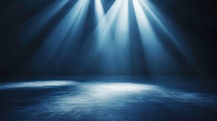 Poster - Dark blue spotlight background with empty floor and illuminated beams of light. Dramatic, mysterious, and moody atmosphere.