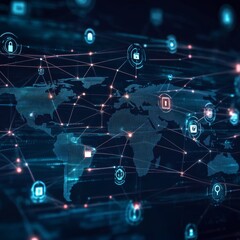 Aufkleber - Innovative Global Network With Data Connections and Digital Icons Illustrating Information Flow and Cybersecurity