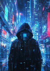 Aufkleber - Mysterious Figure in a Neon-Lit Cityscape at Night, Surrounded by Towering Buildings and Vibrant Digital Displays