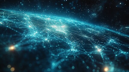 Fototapete - Futuristic Digital Network Illustrating Connections Over a Glowing Earth Model With Bright Particles and Lines Against a Cosmic Background