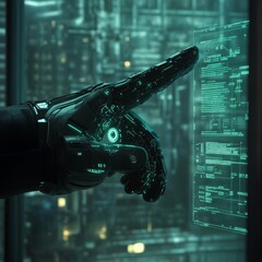 Poster - Futuristic Robotic Hand Interacting With Holographic Display in a High-Tech Urban Environment During Nighttime