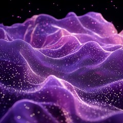 Poster - Artistic Representation of Flowing Waves in a Cosmic Purple Landscape Filled With Shimmering Stars and Intricate Details Under a Dark Sky