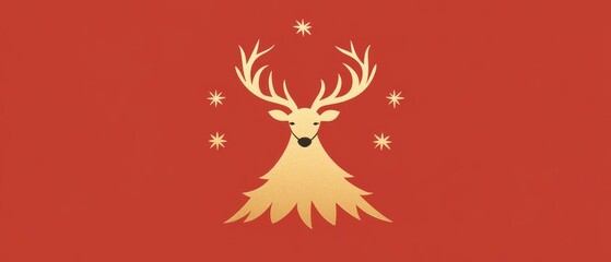 Golden Reindeer Silhouette with Stars on Red Background Design