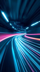 Poster - Colorful Light Trails Create a Mesmerizing Effect in a Futuristic Tunnel During Nighttime Emphasizing Motion and Speed