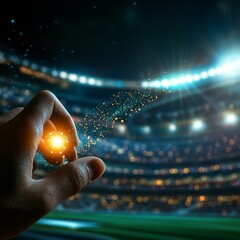 Poster - Hand Manipulating a Spark of Light in a Vast Sports Stadium During an Exhilarating Night Event