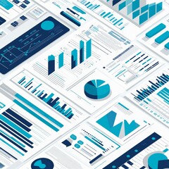 Aufkleber - Data Visualization and Analytics Reports Spread Across a Workspace With Colorful Graphs and Charts in Blue and Teal Tones Representing Different Statistics
