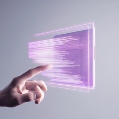 Poster - Futuristic Hand Interacting With a Holographic Display Featuring Flowing Data and Text in a Minimalist Setting