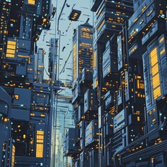 Aufkleber - Futuristic Cityscape With Neon Lights and Towering Structures During Twilight in a Cyberpunk Setting