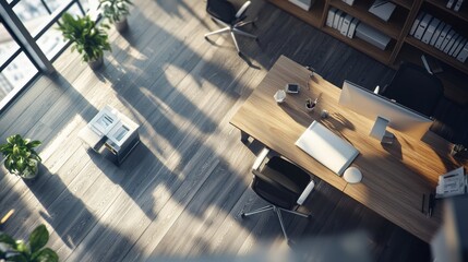 Poster - Modern Office Space With Large Windows, Wooden Furniture, and Greenery During Daylight in a Corporate Environment