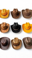 Wall Mural - a photostock of rustic cowboy hats in various shades of brown, placed neatly, isolated on a clean wh