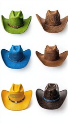 Wall Mural - a photostock of rustic cowboy hats in various shades of brown, placed neatly, isolated on a clean wh
