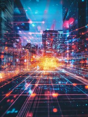 Aufkleber - Dynamic Urban Landscape With Vibrant Neon Lights and Technology-Inspired Visual Effects at Night in a Bustling City Setting