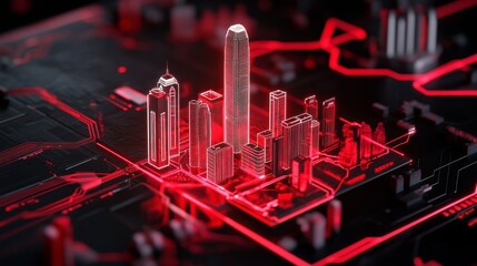 Aufkleber - Conceptual City Skyline Created With Digital Technology in Red Neon Lighting Showcasing Urban Design and Innovation