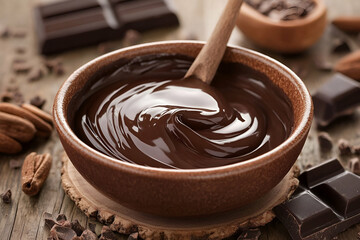 Wall Mural - Rich melted chocolate swirls in a rustic bowl, complemented by dark chocolate and nuts nearby