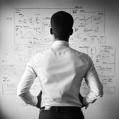Poster - Professional Man Analyzing Complex Data on a Wall Filled With Diagrams and Notes in a Modern Office Setting During the Daytime