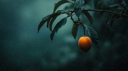 Canvas Print - A single tamarillo fruit hanging from a branch surrounded by dark green leaves in a moody atmosphere