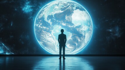 Wall Mural - A silhouette of a scientist in a suit stands before a glowing blue Earth, set against a cosmic backdrop