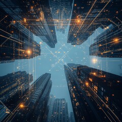 Aufkleber - City Skyline at Night Showcasing Illuminated Buildings and a Network of Lights Amidst a Digital Overlay That Suggests Technological Connectivity