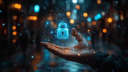 Aufkleber - Hand Holding a Glowing Digital Lock Symbol in a Vibrant Urban Night Setting