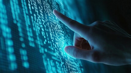 Aufkleber - Fingertip Selecting Data on a Glowing Digital Interface in a Darkened Room During a Technology-Focused Event