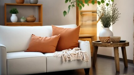 Wall Mural - Cozy living room with earthy tones and natural elements featuring pillows and decor in a sunny space